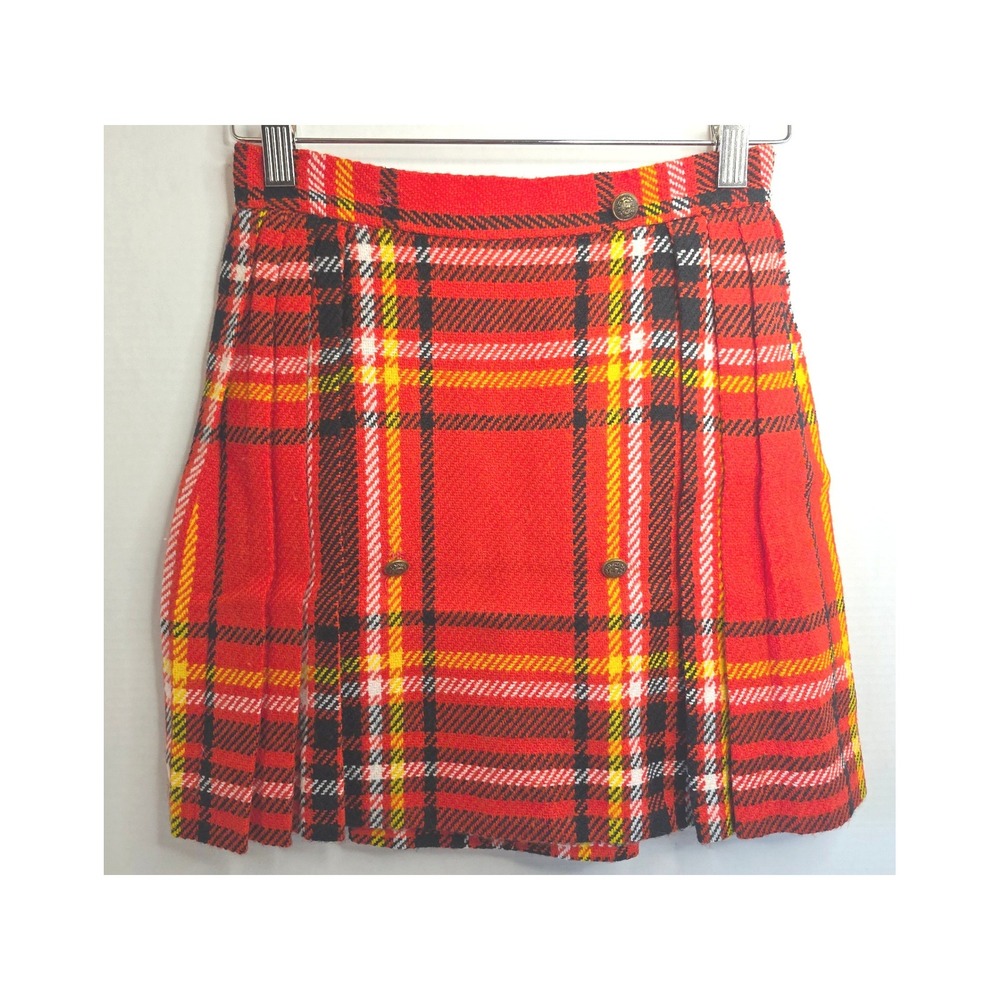 VTG 60s Charm of Hollywood Red Tartan Plaid Faux Kilt Mini Skirt Acrylic  SZ S